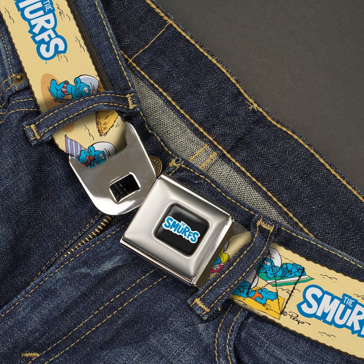 THE SMURFS Title Logo Full Color Black White Blue Seatbelt Belt - THE SMURFS Beach Day Fun Scene and Title Logo Webbing Seatbelt Belts The Smurfs