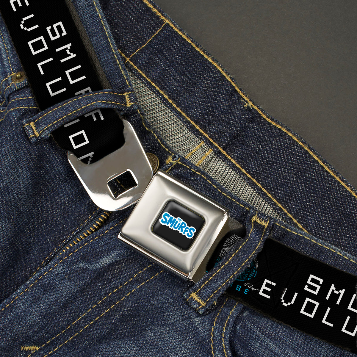 THE SMURFS Title Logo Full Color Black White Blue Seatbelt Belt - SMURF EVOLUTION FROM PAPER TO METAVERSE Smiling Face Black/White/Blues Webbing Seatbelt Belts The Smurfs