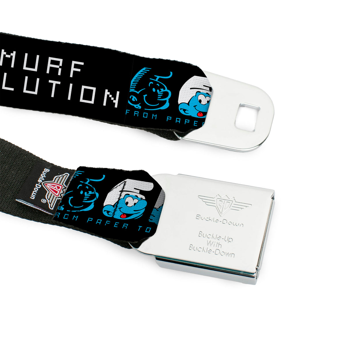 THE SMURFS Title Logo Full Color Black White Blue Seatbelt Belt - SMURF EVOLUTION FROM PAPER TO METAVERSE Smiling Face Black/White/Blues Webbing Seatbelt Belts The Smurfs