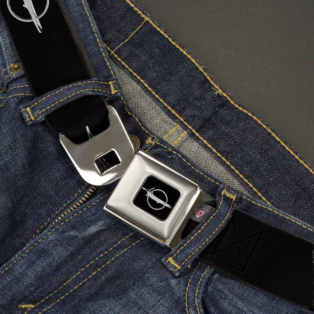 Barracuda Emblem Full Color Black Silver Seatbelt Belt - Barracuda Emblem Repeat Black/Silver Webbing Seatbelt Belts Dodge