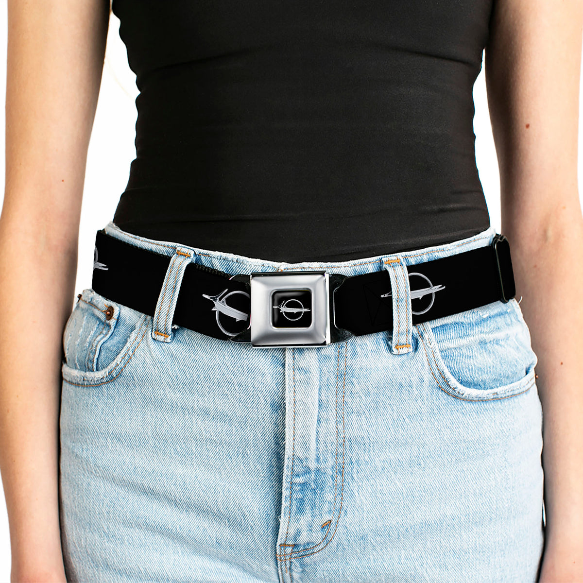 Barracuda Emblem Full Color Black Silver Seatbelt Belt - Barracuda Emblem Repeat Black/Silver Webbing Seatbelt Belts Dodge