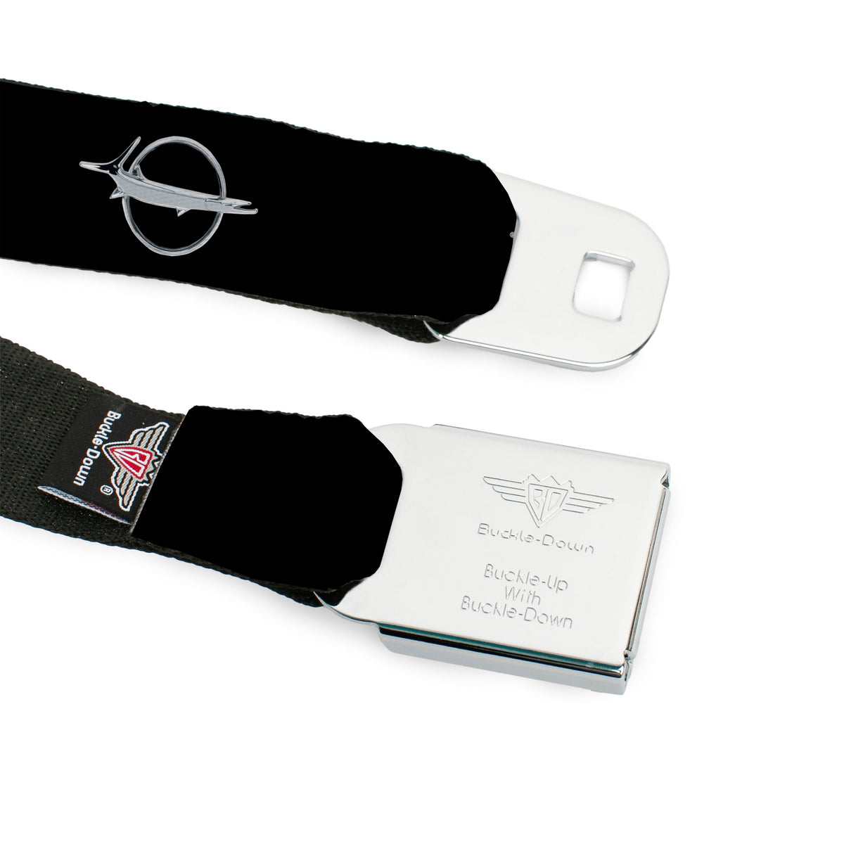 Barracuda Emblem Full Color Black Silver Seatbelt Belt - Barracuda Emblem Repeat Black/Silver Webbing Seatbelt Belts Dodge