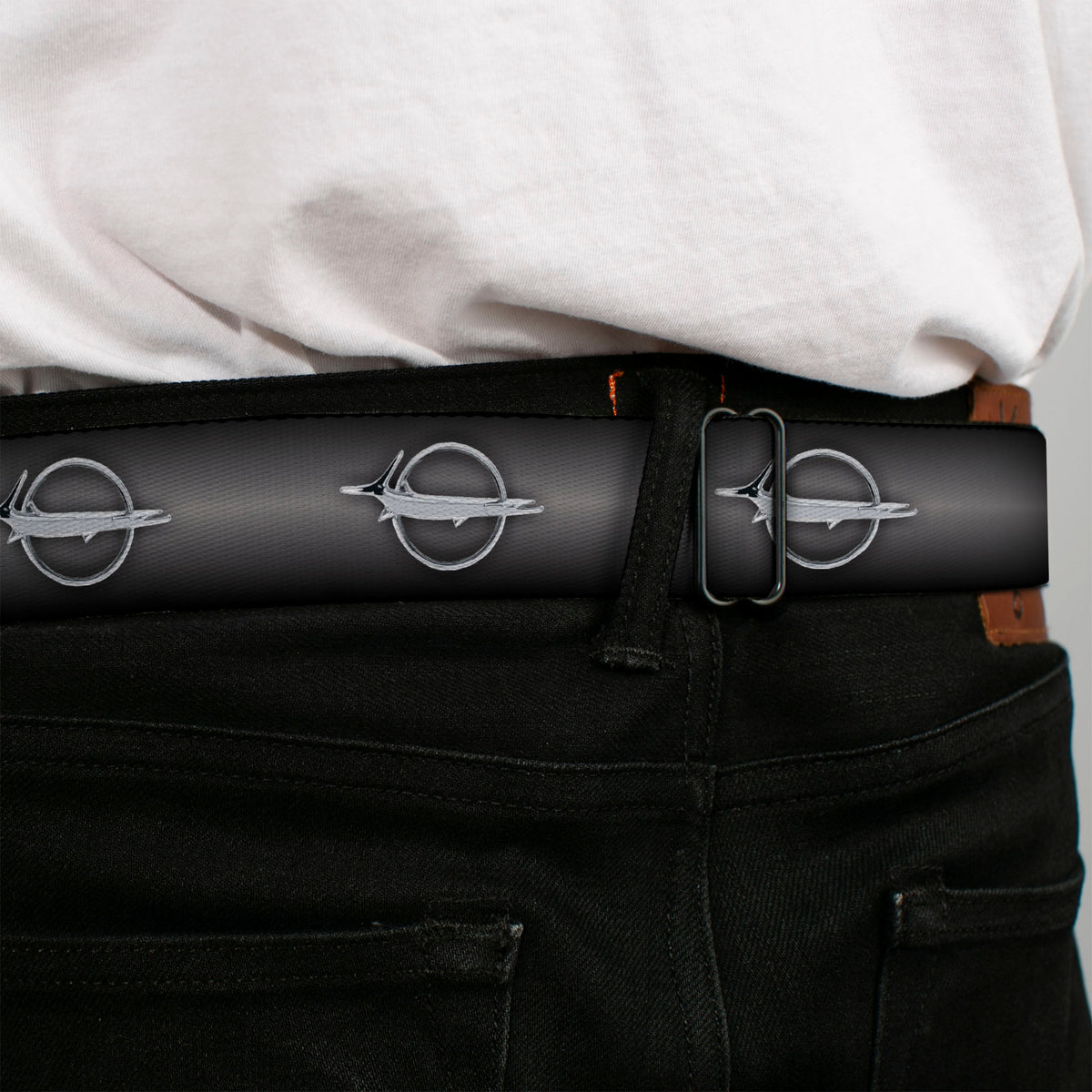 Barracuda Emblem Full Color Black Silver Seatbelt Belt - Barracuda Emblem Repeat Gray Fade/Silver Webbing Seatbelt Belts Dodge