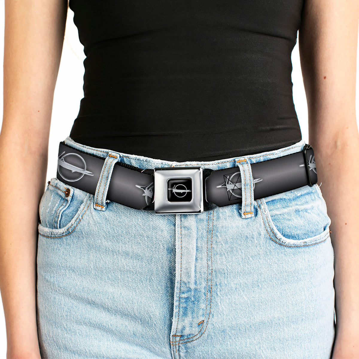 Barracuda Emblem Full Color Black Silver Seatbelt Belt - Barracuda Emblem Repeat Gray Fade/Silver Webbing Seatbelt Belts Dodge