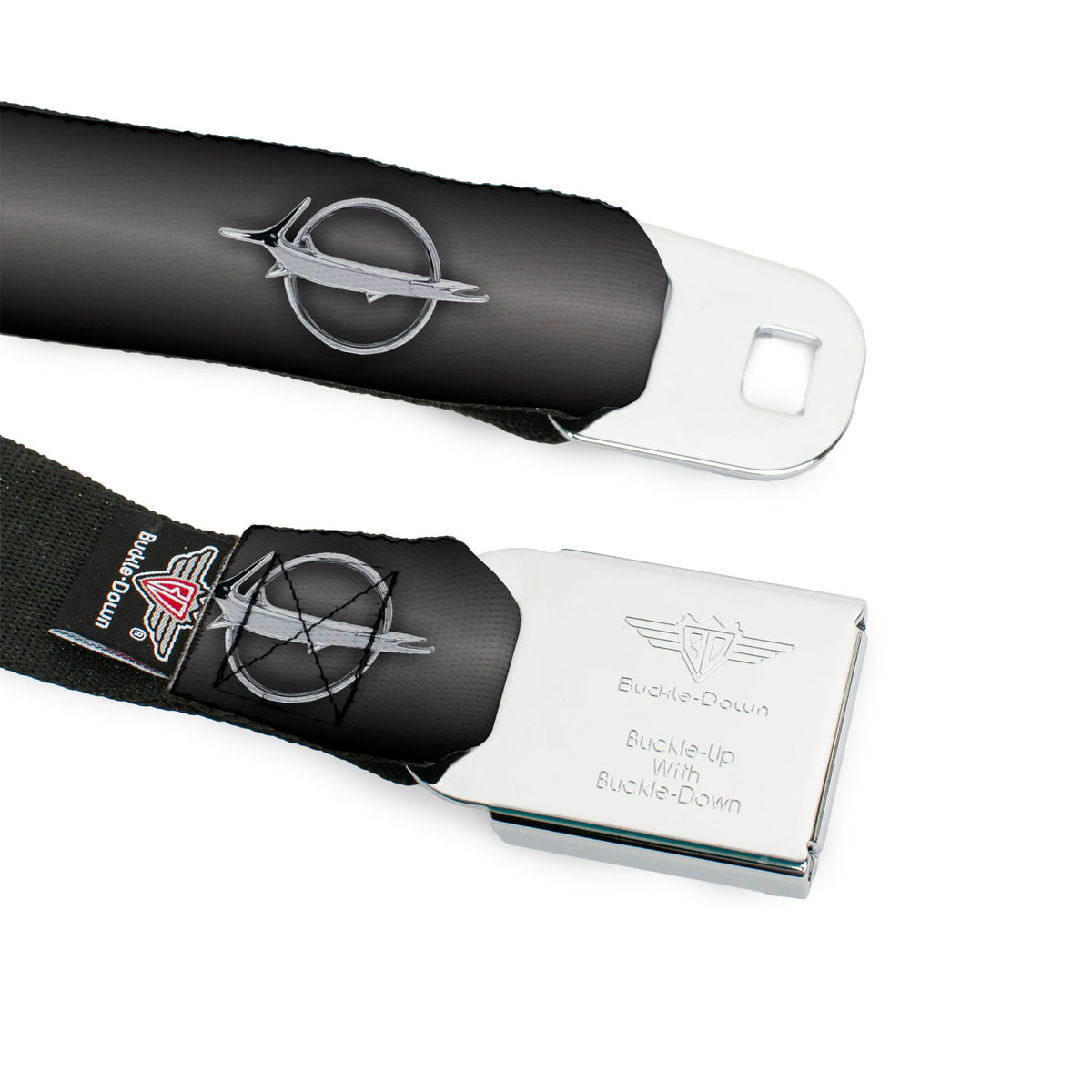 Barracuda Emblem Full Color Black Silver Seatbelt Belt - Barracuda Emblem Repeat Gray Fade/Silver Webbing Seatbelt Belts Dodge