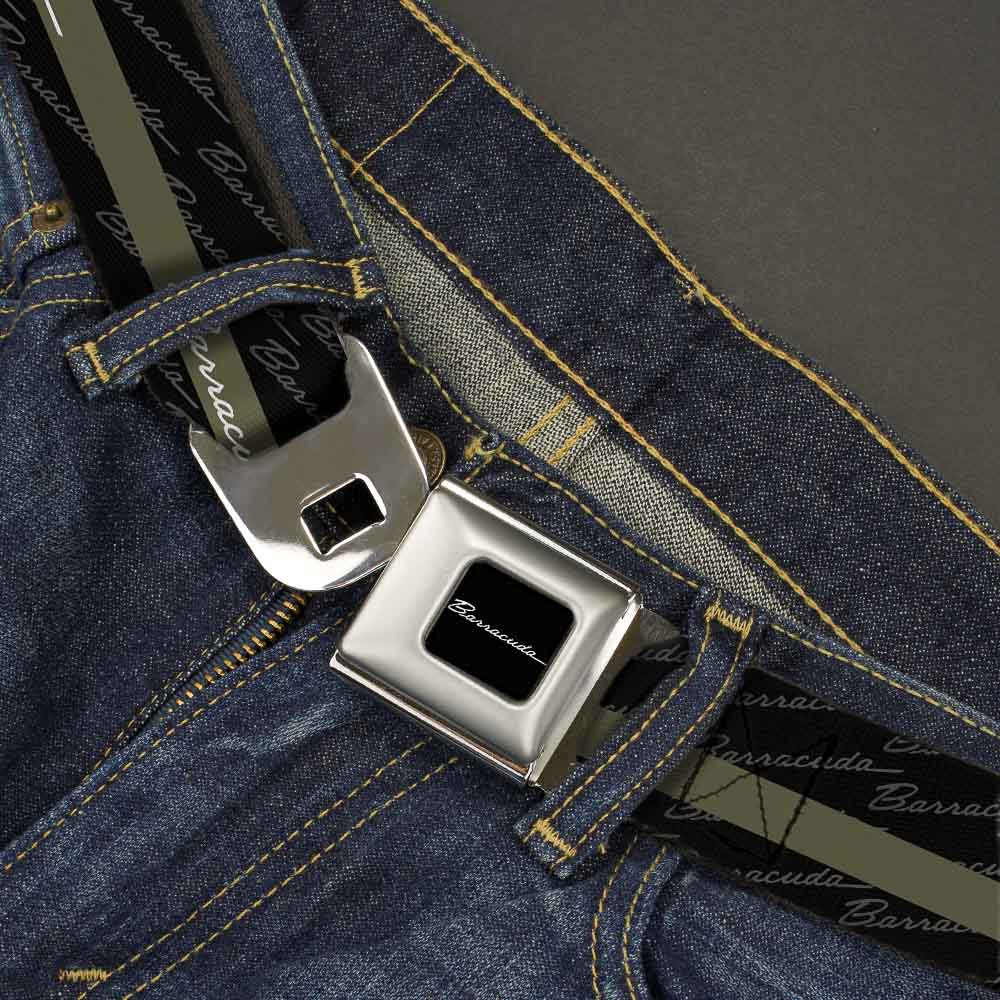 BARRACUDA Script Logo Full Color Black White Seatbelt Belt - BARRACUDA Script Stripe/Monogram Black/Gray/Olive/Silver Webbing Seatbelt Belts Dodge