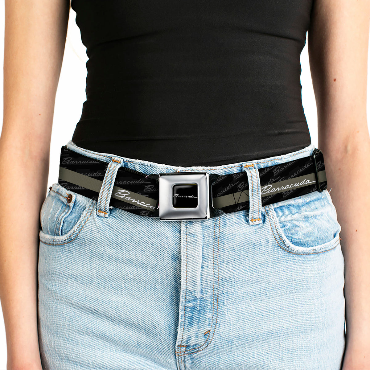 BARRACUDA Script Logo Full Color Black White Seatbelt Belt - BARRACUDA Script Stripe/Monogram Black/Gray/Olive/Silver Webbing Seatbelt Belts Dodge