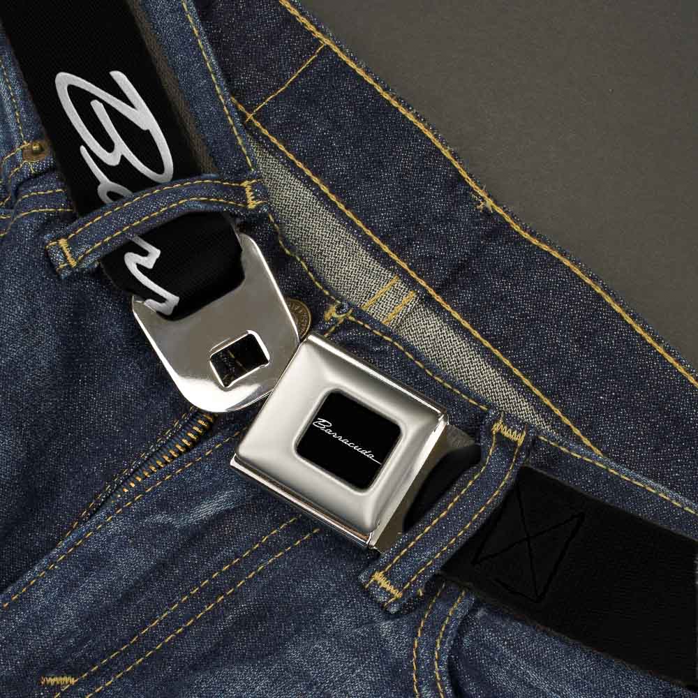 BARRACUDA Script Logo Full Color Black White Seatbelt Belt - BARRACUDA Script Logo Black/Silver Webbing Seatbelt Belts Dodge