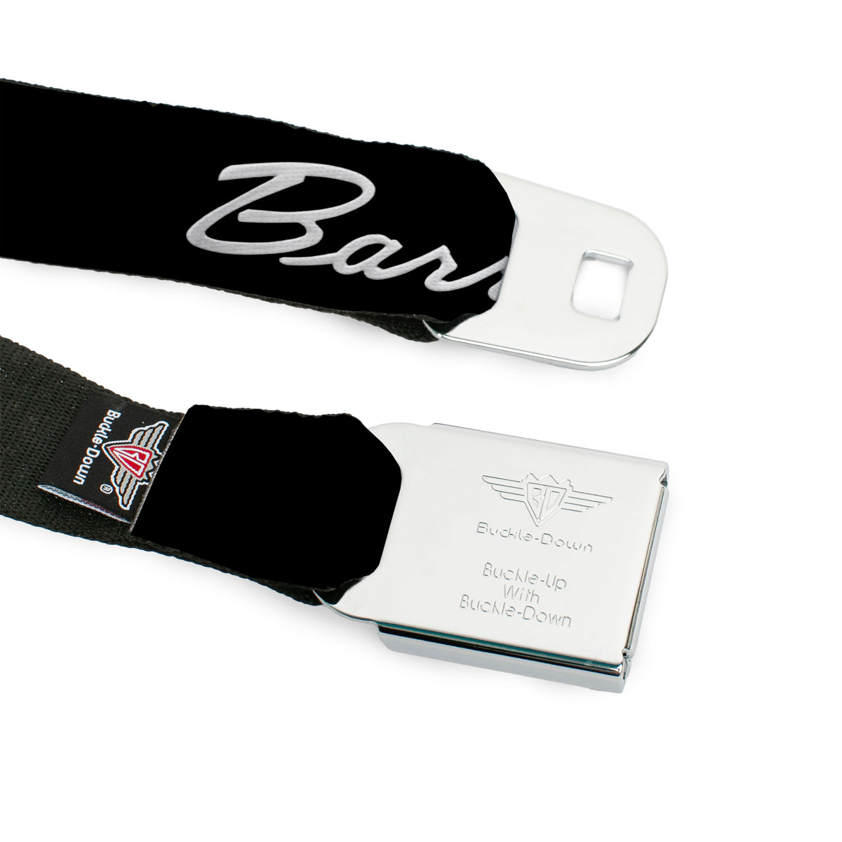 BARRACUDA Script Logo Full Color Black White Seatbelt Belt - BARRACUDA Script Logo Black/Silver Webbing Seatbelt Belts Dodge