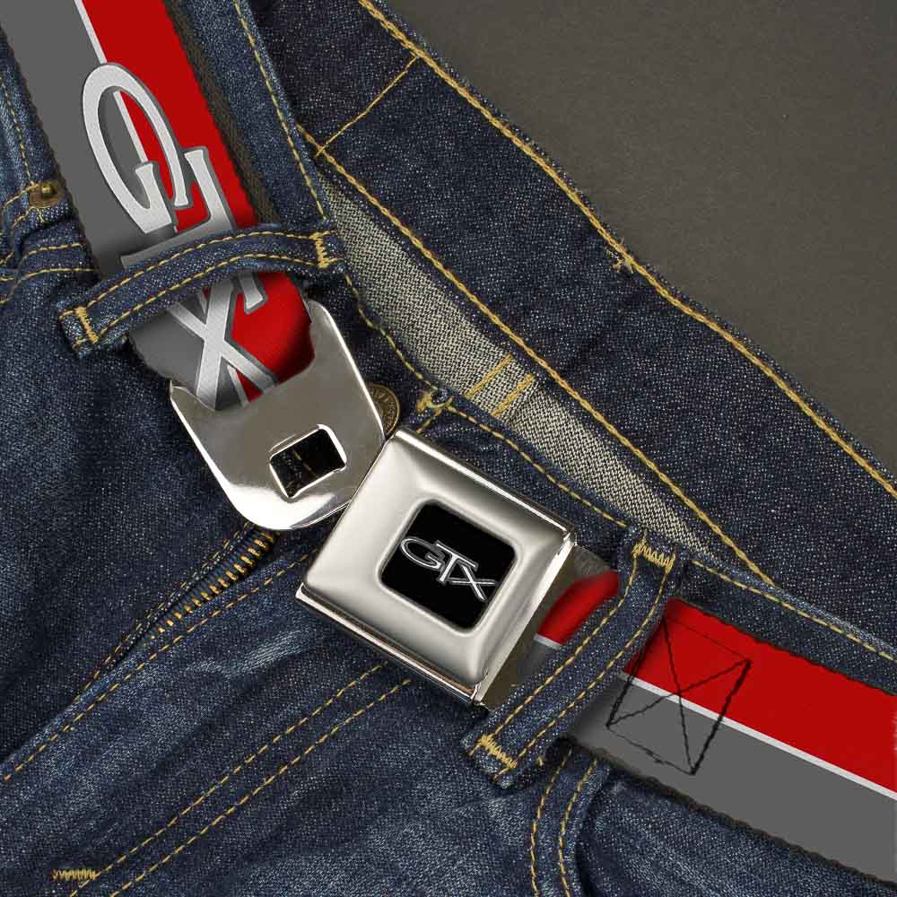 Plymouth GTX Emblem Full Color Black Silver Fade White Seatbelt Belt - Plymouth GTX Emblem/Stripe Red/White/Grays Webbing Seatbelt Belts Dodge