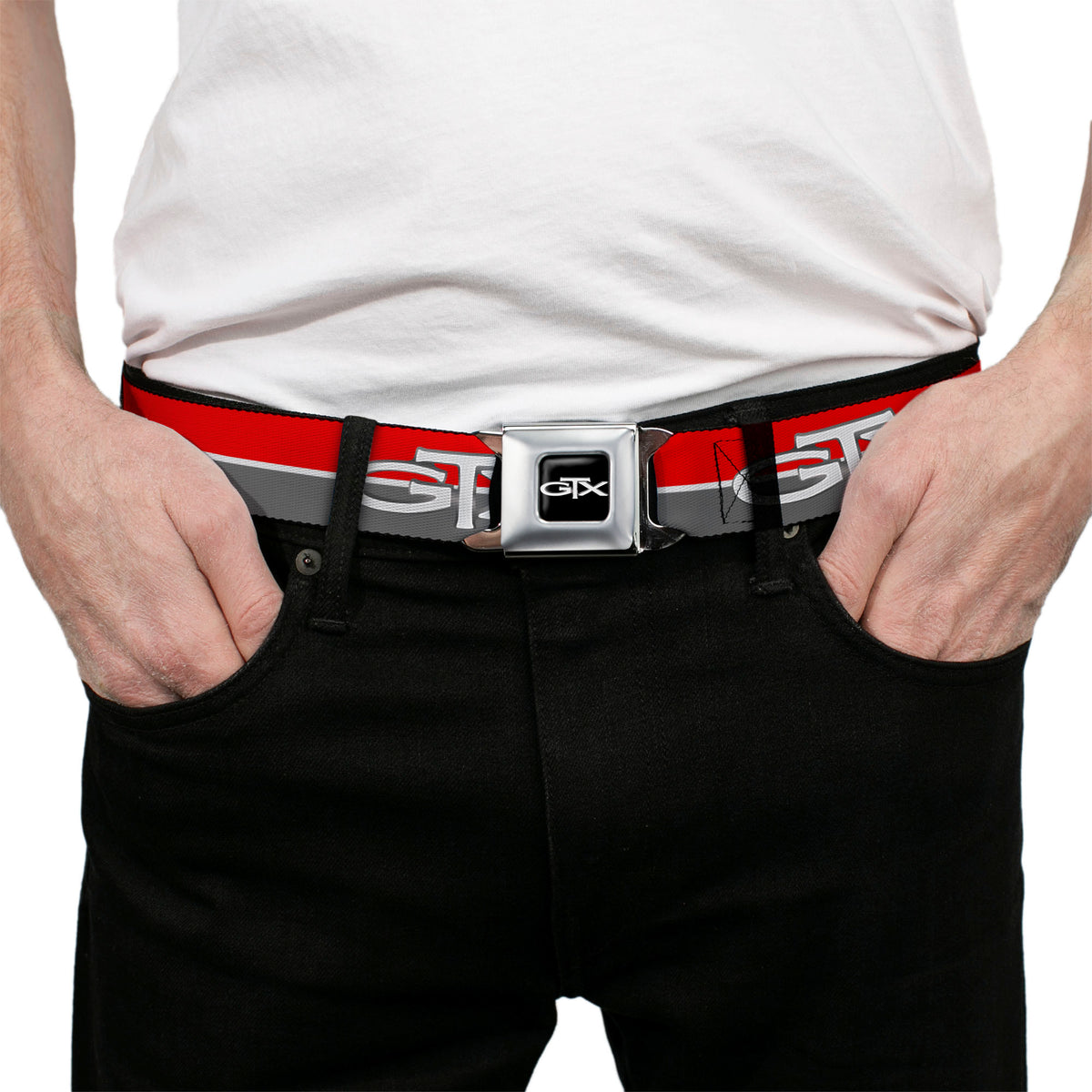 Plymouth GTX Emblem Full Color Black Silver Fade White Seatbelt Belt - Plymouth GTX Emblem/Stripe Red/White/Grays Webbing Seatbelt Belts Dodge