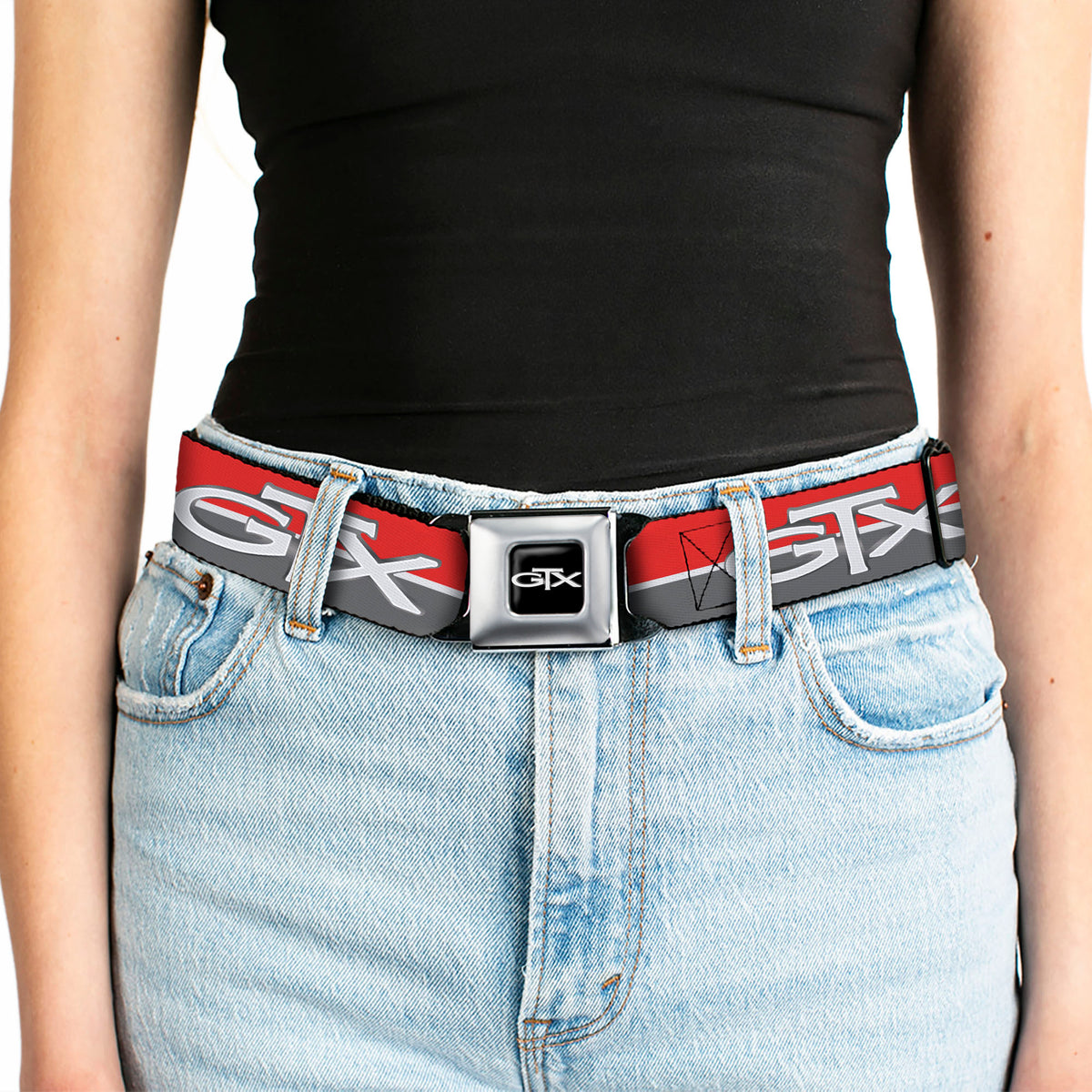 Plymouth GTX Emblem Full Color Black Silver Fade White Seatbelt Belt - Plymouth GTX Emblem/Stripe Red/White/Grays Webbing Seatbelt Belts Dodge