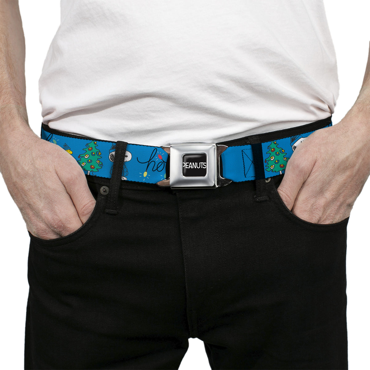 Snoopy & Woodstock Holiday Puffer Jacket HO HO HO Seatbelt Belt – Peanuts Fan Gear Blue/Black Seatbelt Belts Peanuts
