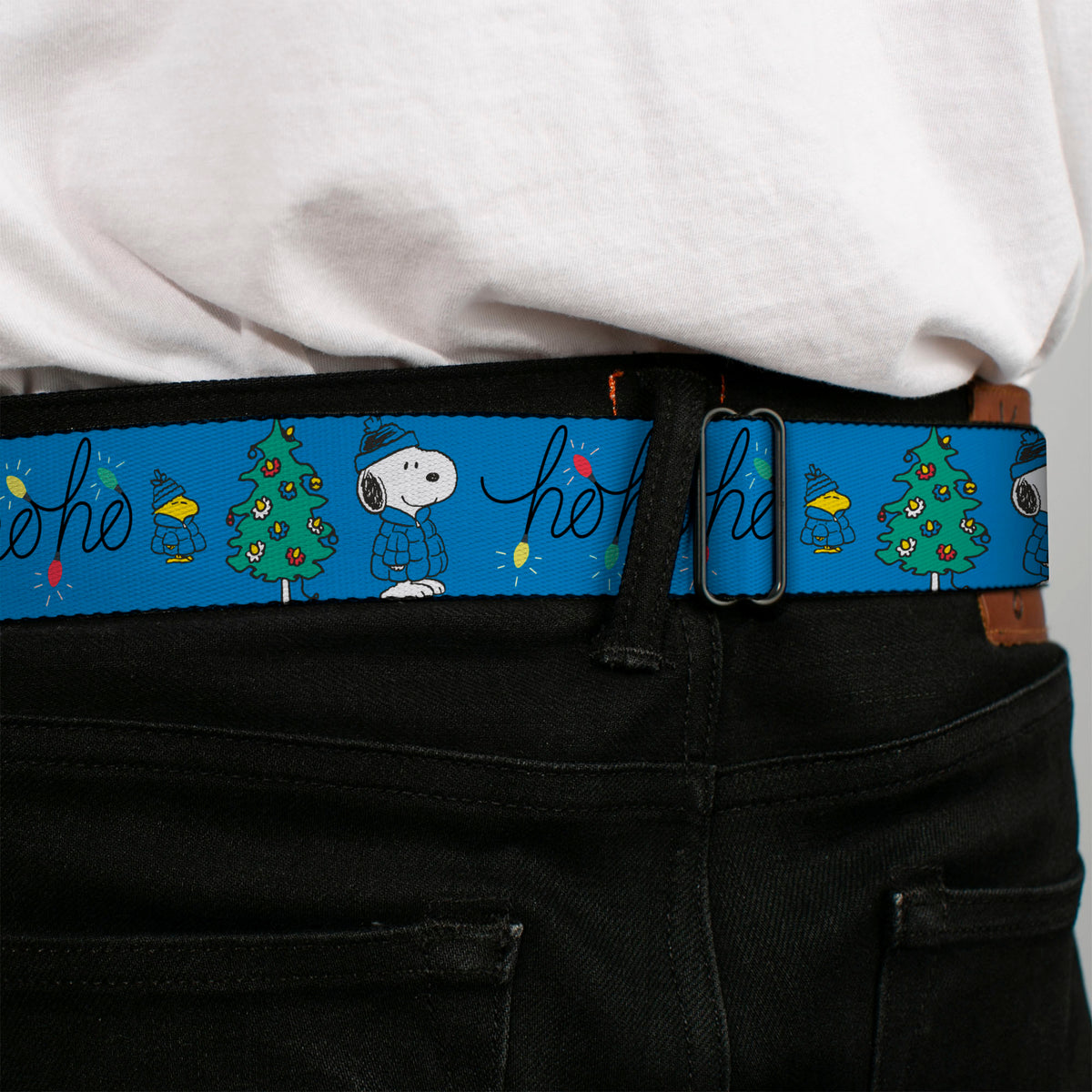 Snoopy & Woodstock Holiday Puffer Jacket HO HO HO Seatbelt Belt – Peanuts Fan Gear Blue/Black Seatbelt Belts Peanuts