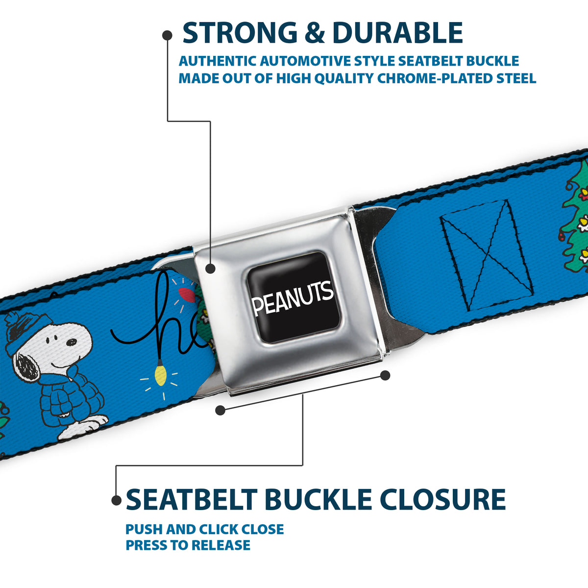 Snoopy & Woodstock Holiday Puffer Jacket HO HO HO Seatbelt Belt – Peanuts Fan Gear Blue/Black Seatbelt Belts Peanuts