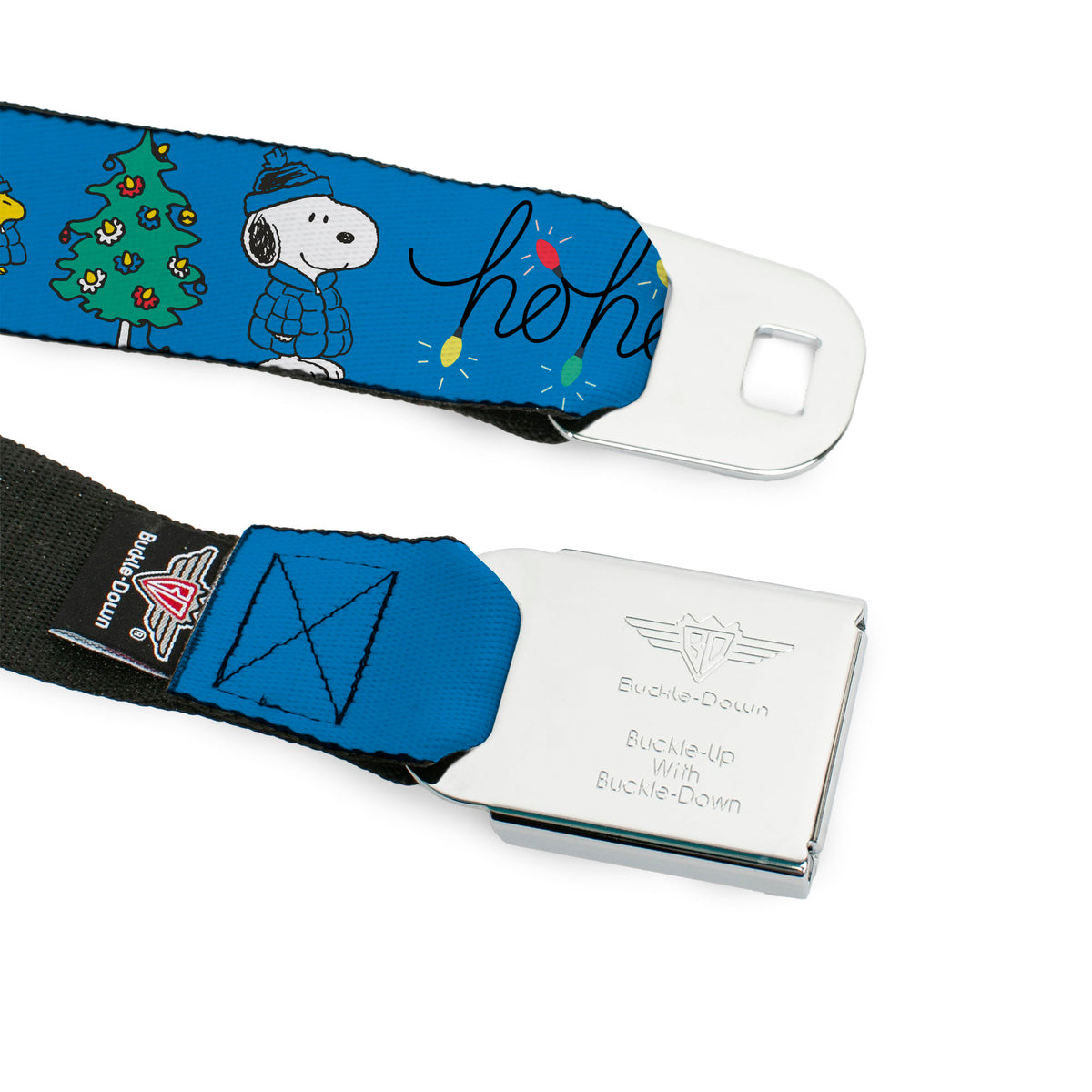 Snoopy & Woodstock Holiday Puffer Jacket HO HO HO Seatbelt Belt – Peanuts Fan Gear Blue/Black Seatbelt Belts Peanuts