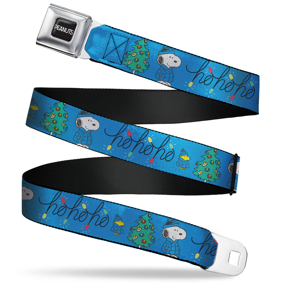 Snoopy & Woodstock Holiday Puffer Jacket HO HO HO Seatbelt Belt – Peanuts Fan Gear Blue/Black Seatbelt Belts Peanuts