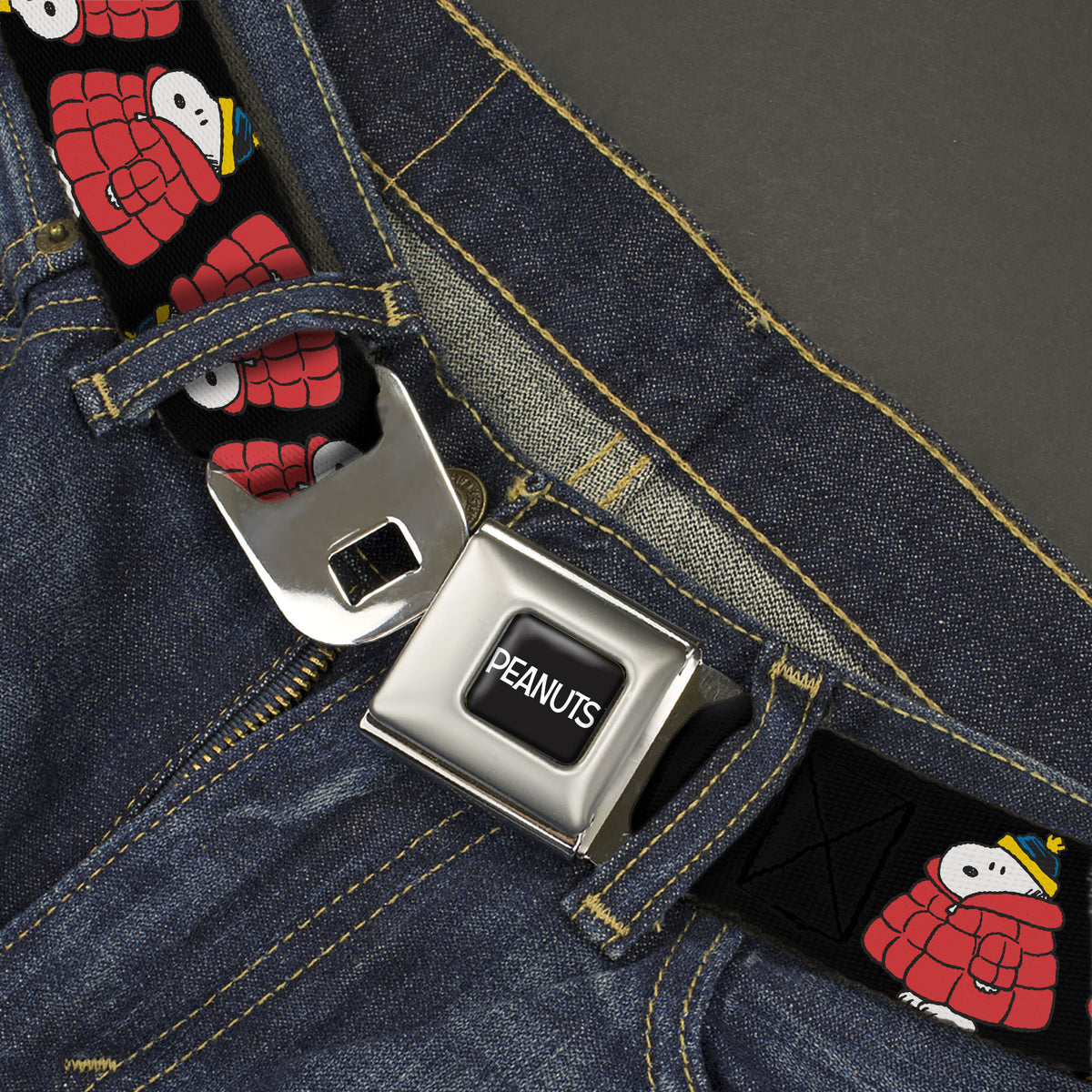 Snoopy Holiday Puffer Jacket Flip Seatbelt Belt – Peanuts Fan Gear Black Seatbelt Belts Peanuts