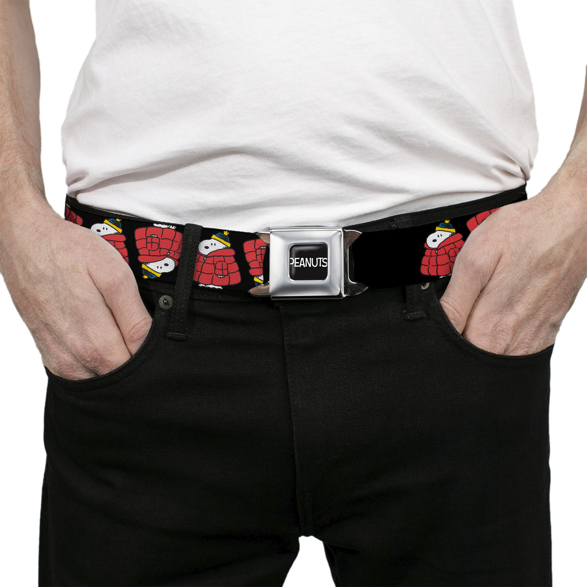 Snoopy Holiday Puffer Jacket Flip Seatbelt Belt – Peanuts Fan Gear Black Seatbelt Belts Peanuts