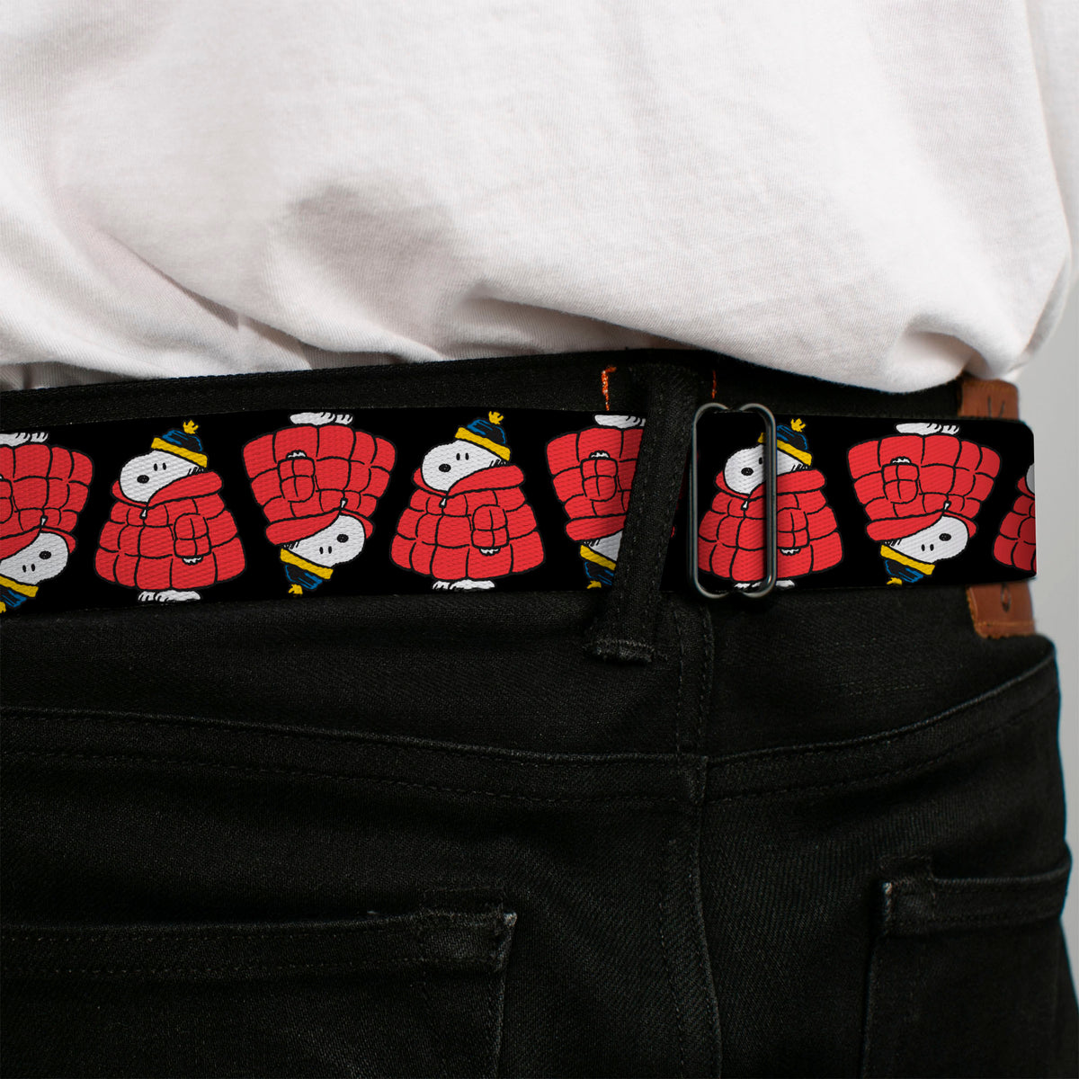 Snoopy Holiday Puffer Jacket Flip Seatbelt Belt – Peanuts Fan Gear Black Seatbelt Belts Peanuts