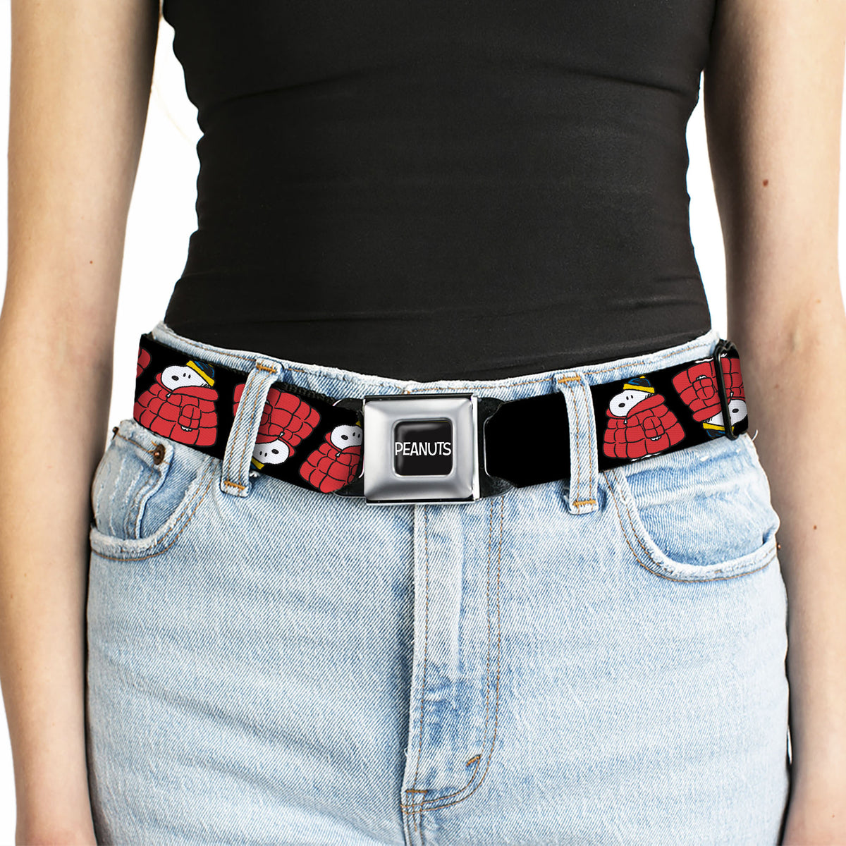 Snoopy Holiday Puffer Jacket Flip Seatbelt Belt – Peanuts Fan Gear Black Seatbelt Belts Peanuts