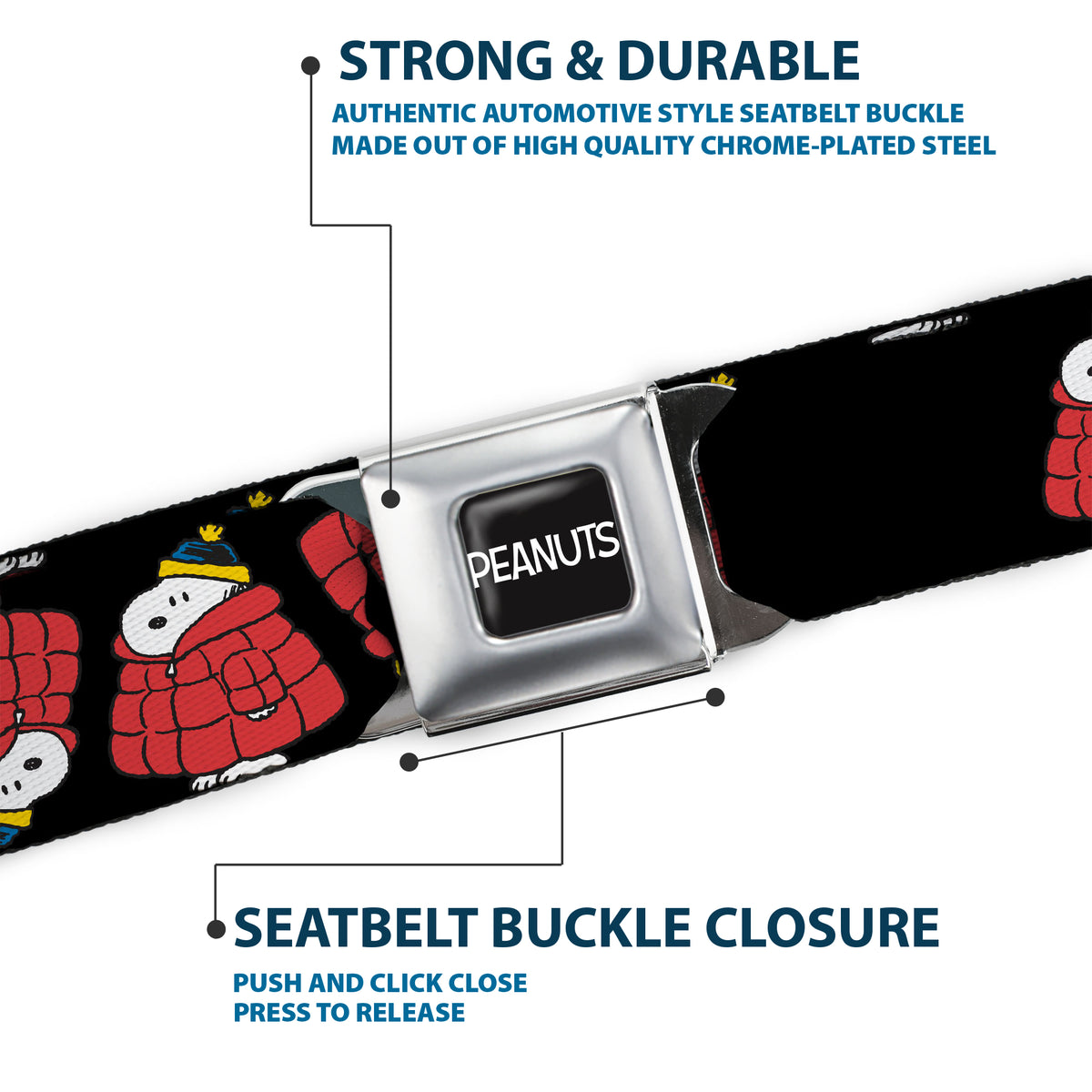 Snoopy Holiday Puffer Jacket Flip Seatbelt Belt – Peanuts Fan Gear Black Seatbelt Belts Peanuts