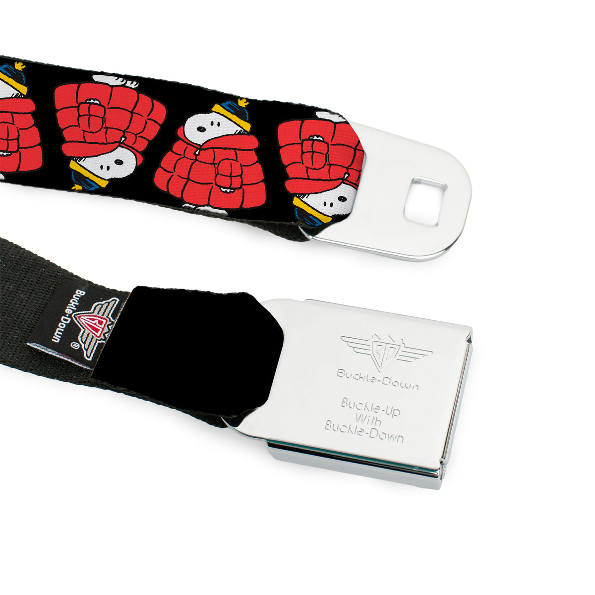 Snoopy Holiday Puffer Jacket Flip Seatbelt Belt – Peanuts Fan Gear Black Seatbelt Belts Peanuts
