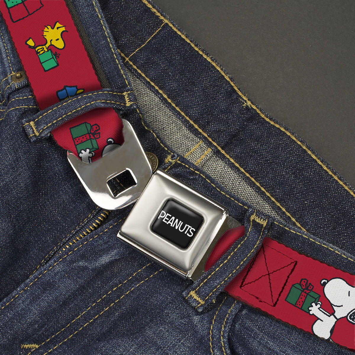 Snoopy & Woodstock Holiday Gift Exchange Seatbelt Belt – Peanuts Fan Gear Red Seatbelt Belts Peanuts