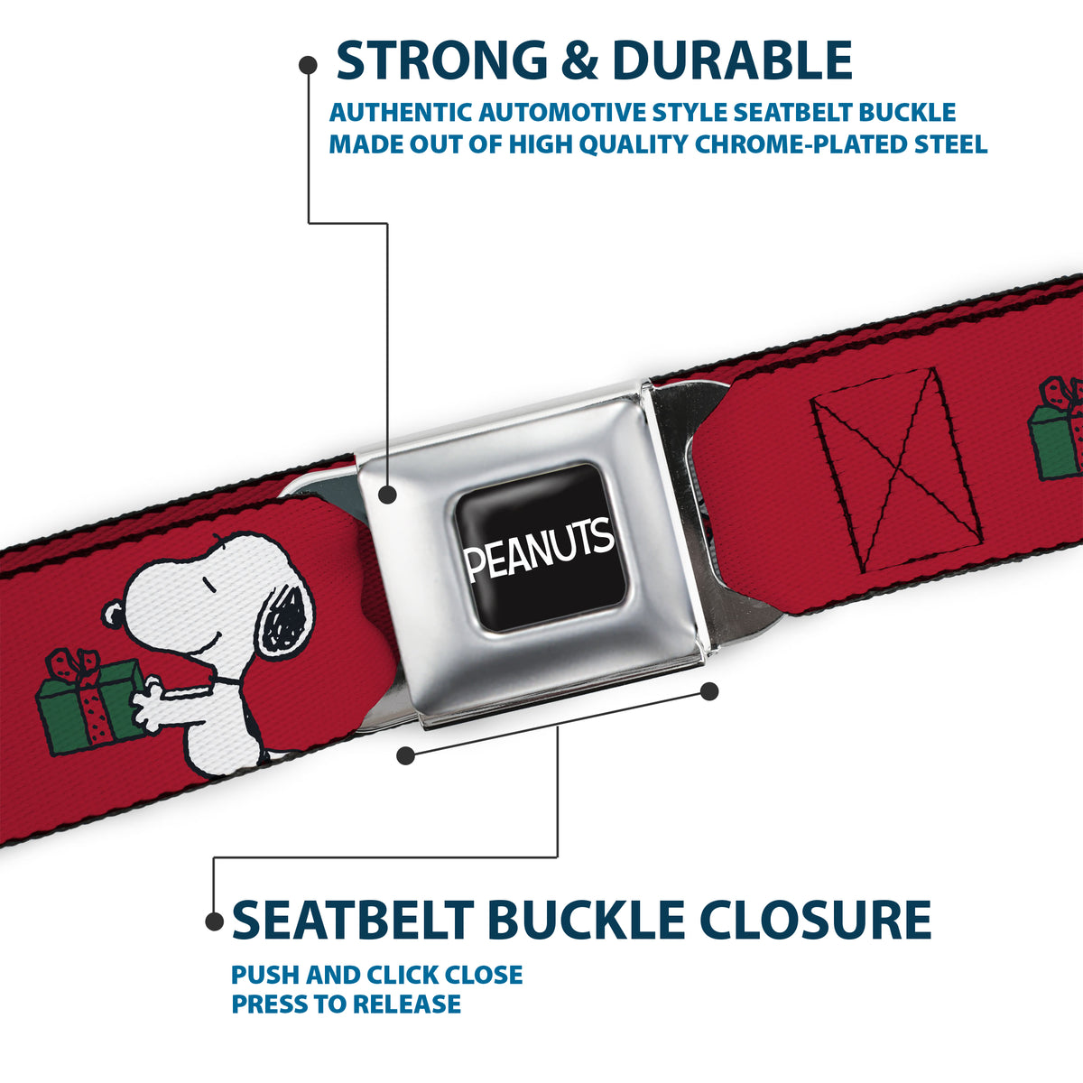 Snoopy & Woodstock Holiday Gift Exchange Seatbelt Belt – Peanuts Fan Gear Red Seatbelt Belts Peanuts