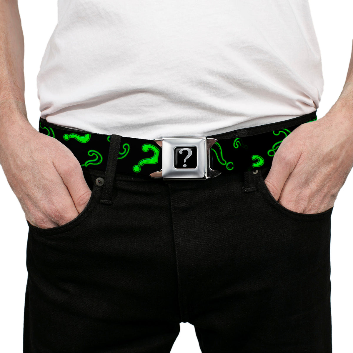 Riddler "?" Black Silver Seatbelt Belt - Question Mark Scattere2 Black/Neon Green Webbing Seatbelt Belts DC Comics