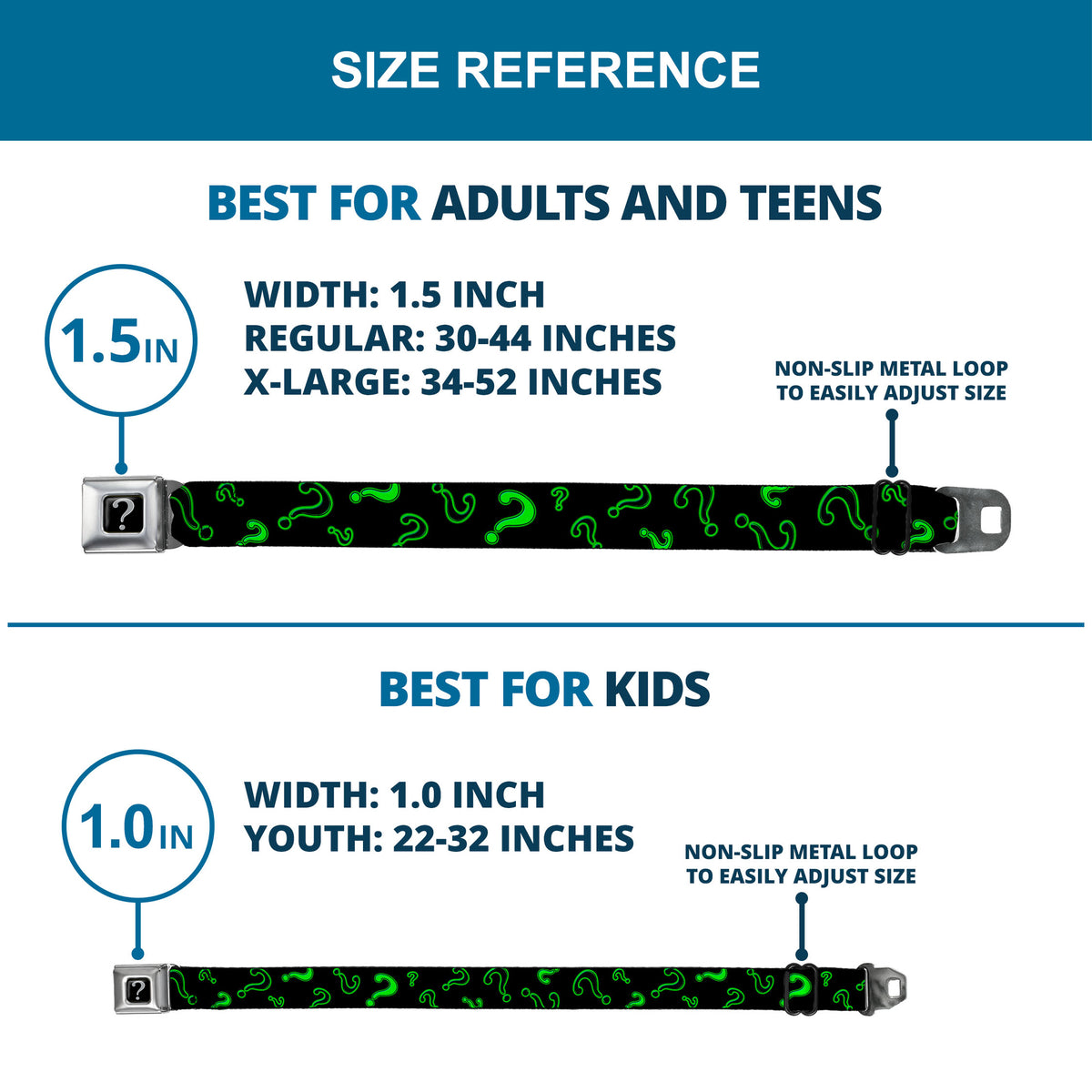 Riddler "?" Black Silver Seatbelt Belt - Question Mark Scattere2 Black/Neon Green Webbing Seatbelt Belts DC Comics