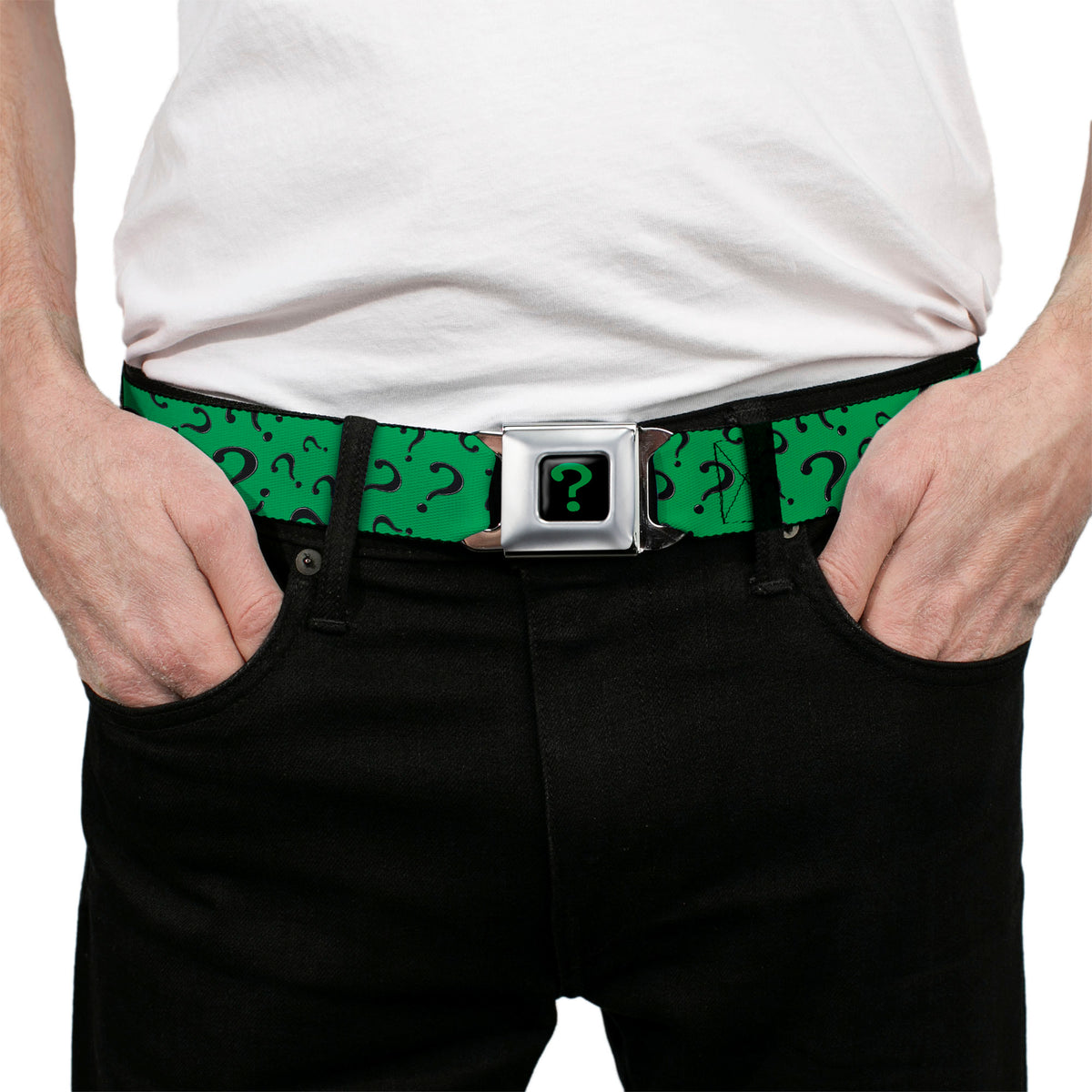 Riddler "?" Full Color Black Green Seatbelt Belt - Question Mark Scattered3 Dark Green/Black Webbing Seatbelt Belts DC Comics