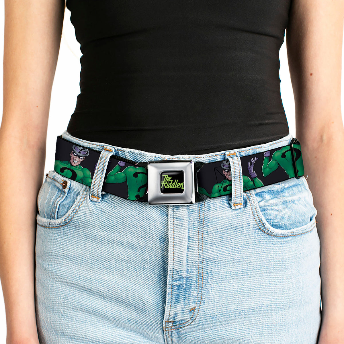 THE RIDDLER Title Log Full Color Black/Green Seatbelt Belt - DC Batman Villain The Riddler Pose Turns Black Webbing Seatbelt Belts DC Comics