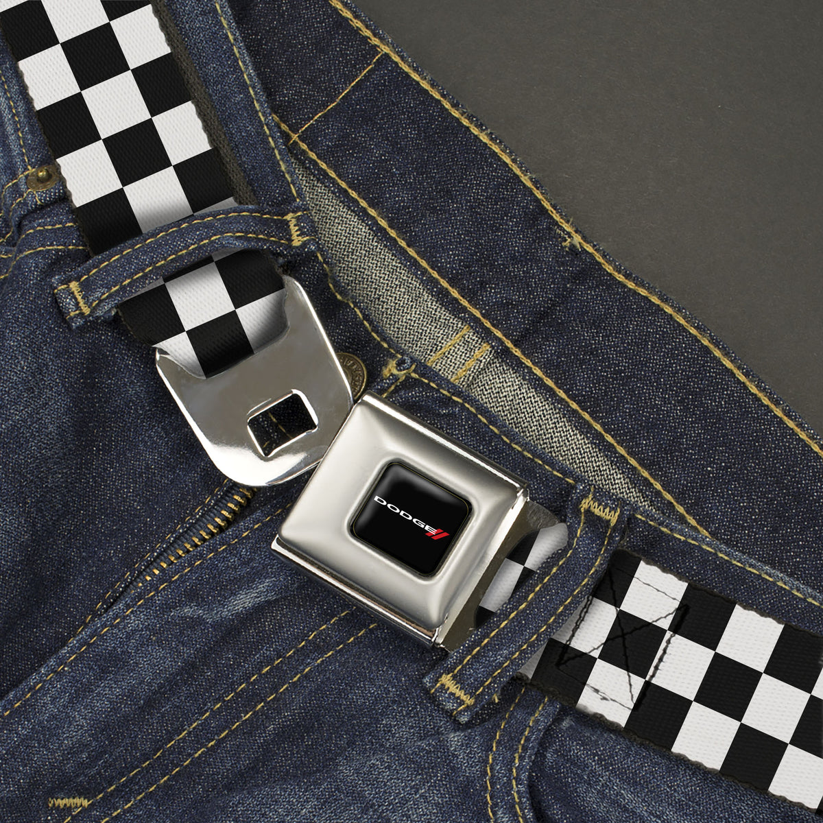 Dodge Red Rhombus Seatbelt Belt - Checker Black/White Webbing Seatbelt Belts Dodge