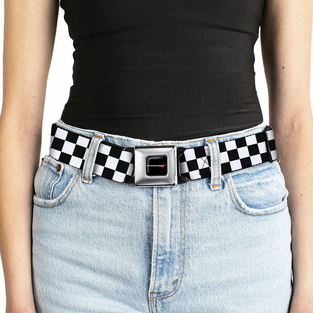 Dodge Red Rhombus Seatbelt Belt - Checker Black/White Webbing Seatbelt Belts Dodge