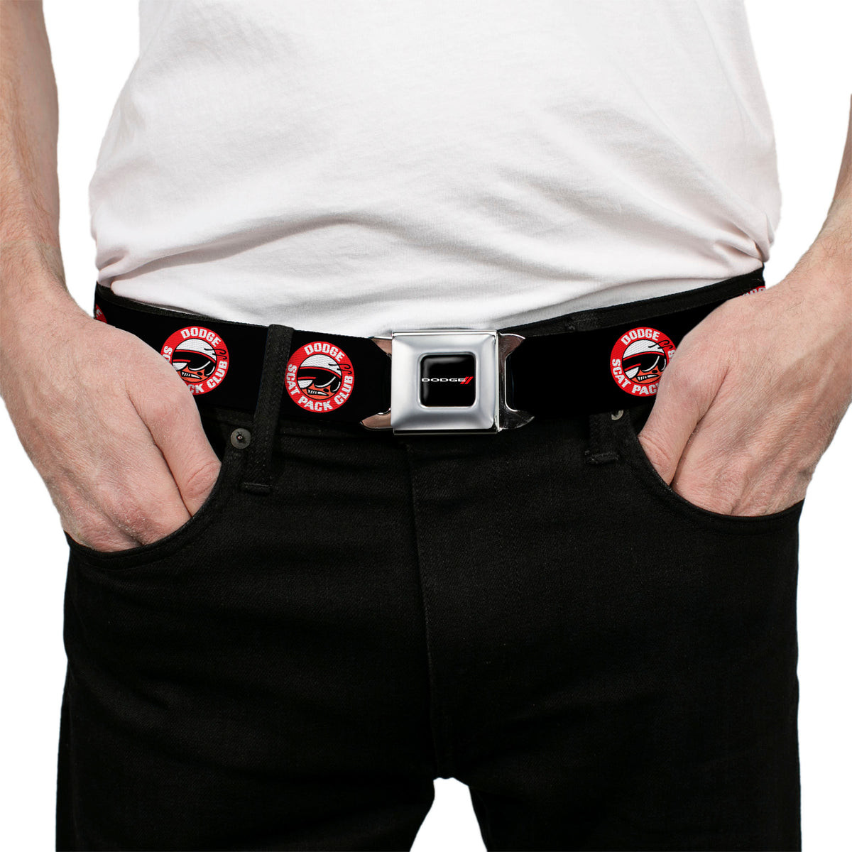 Dodge Red Rhombus Full Color Seatbelt Belt - DODGE SCAT PACK CLUB Bumblebee Logo Black/Red/White Webbing Seatbelt Belts Dodge