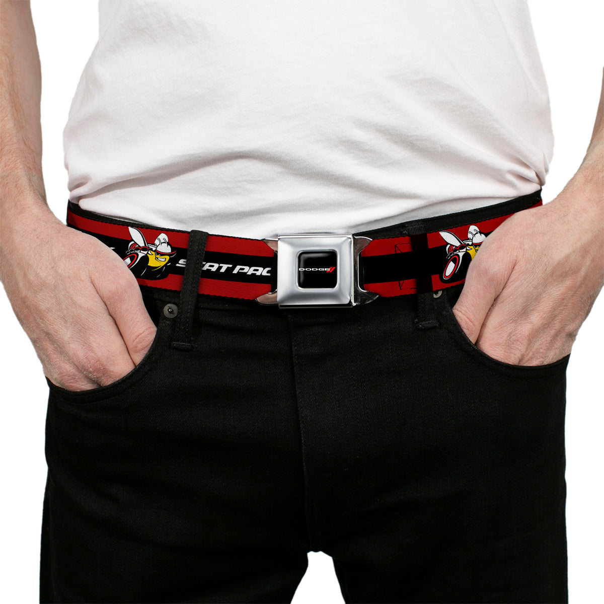 Dodge Red Rhombus Full Color Seatbelt Belt - Dodge SCAT PACK Badge Logo Stripe Red/Black/White Webbing Seatbelt Belts Dodge