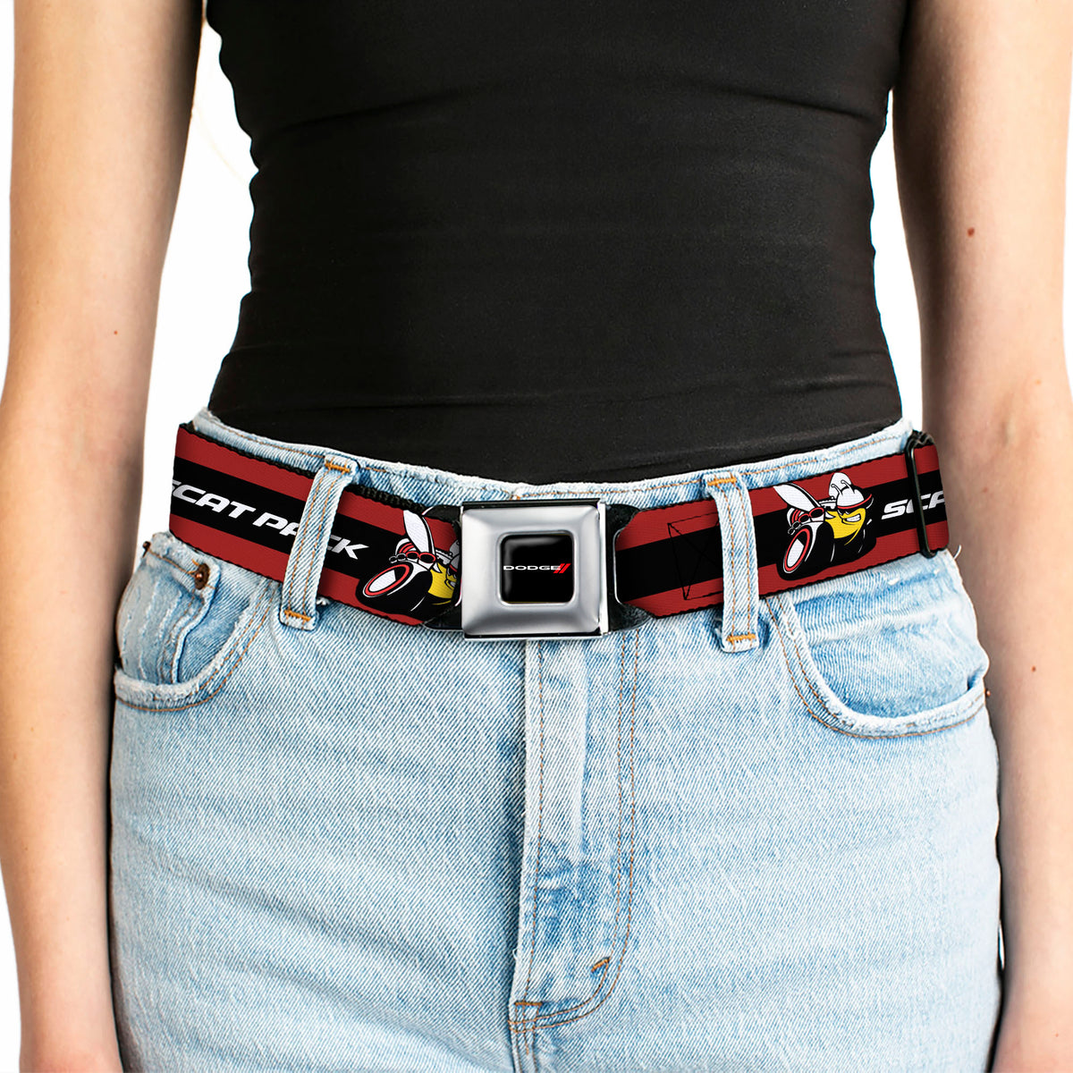 Dodge Red Rhombus Full Color Seatbelt Belt - Dodge SCAT PACK Badge Logo Stripe Red/Black/White Webbing Seatbelt Belts Dodge