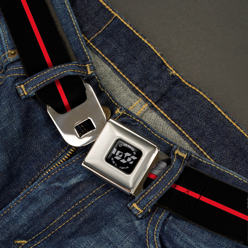 Dodge 100th Anniversary Logo Brushed Silver Black Seatbelt Belt - Dodge 100th Anniversary Logo/Stripe Black/Red Webbing Seatbelt Belts Dodge
