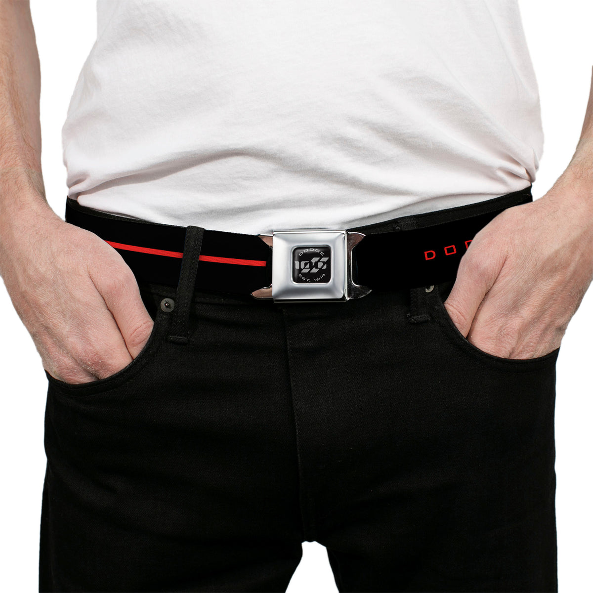 Dodge 100th Anniversary Logo Brushed Silver Black Seatbelt Belt - Dodge 100th Anniversary Logo/Stripe Black/Red Webbing Seatbelt Belts Dodge