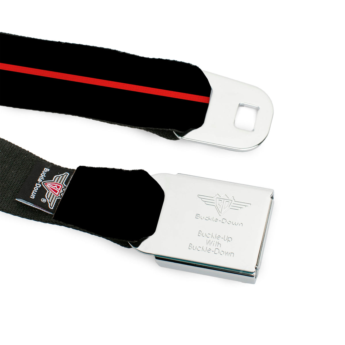 Dodge 100th Anniversary Logo Brushed Silver Black Seatbelt Belt - Dodge 100th Anniversary Logo/Stripe Black/Red Webbing Seatbelt Belts Dodge