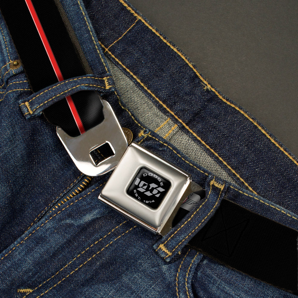 Dodge 100th Anniversary Logo Brushed Silver Black Seatbelt Belt - Dodge 100th Anniversary Rhombus/Stripe Black-Gray Swirl/Red Webbing Seatbelt Belts Dodge