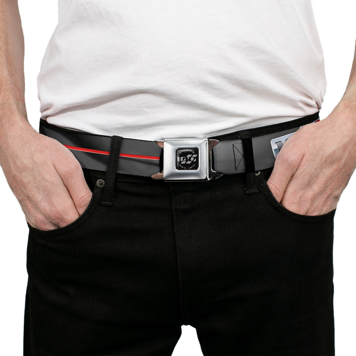 Dodge 100th Anniversary Logo Brushed Silver Black Seatbelt Belt - Dodge 100th Anniversary Rhombus/Stripe Black-Gray Swirl/Red Webbing Seatbelt Belts Dodge