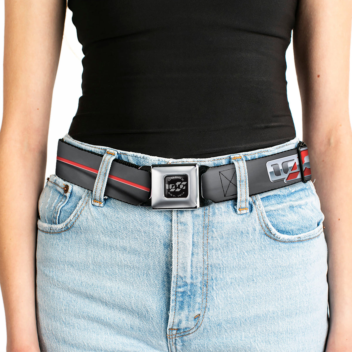 Dodge 100th Anniversary Logo Brushed Silver Black Seatbelt Belt - Dodge 100th Anniversary Rhombus/Stripe Black-Gray Swirl/Red Webbing Seatbelt Belts Dodge