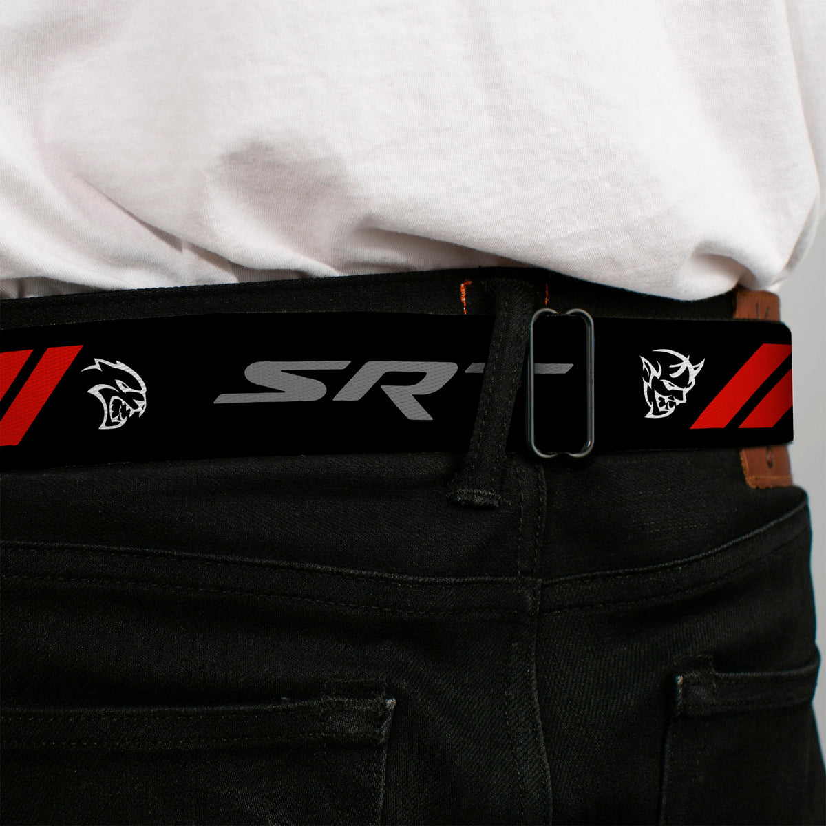 Dodge Rhombus Icon Full Color Black Red Seatbelt Belt - Dodge SRT Demon/Rhombus/Hellcat Logo Black/Silver/Red/White Webbing Seatbelt Belts Dodge