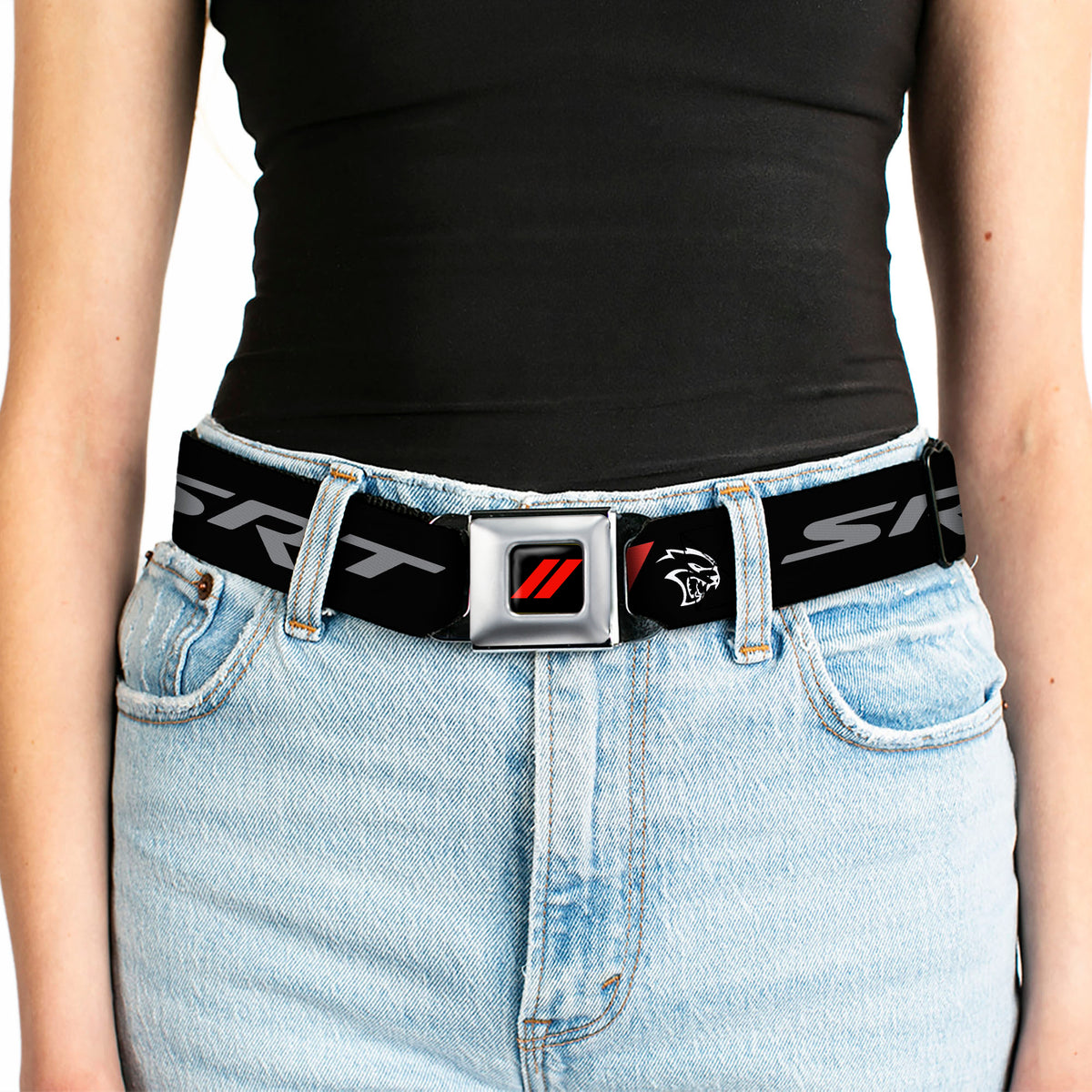 Dodge Rhombus Icon Full Color Black Red Seatbelt Belt - Dodge SRT Demon/Rhombus/Hellcat Logo Black/Silver/Red/White Webbing Seatbelt Belts Dodge
