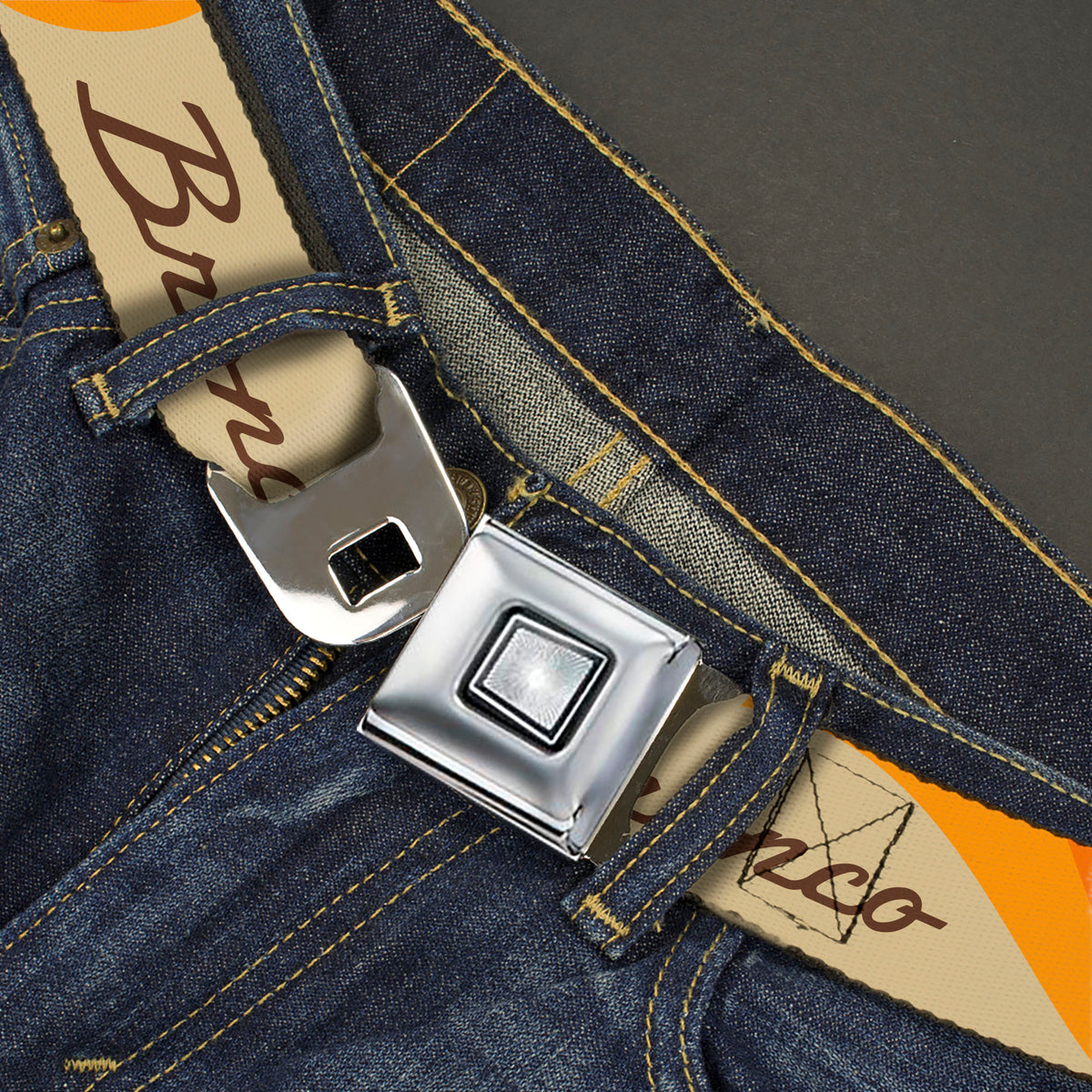 Starburst Seatbelt Belt - Ford BRONCO Script Wave Beige/Brown/Blue/Orange Webbing Seatbelt Belts Ford