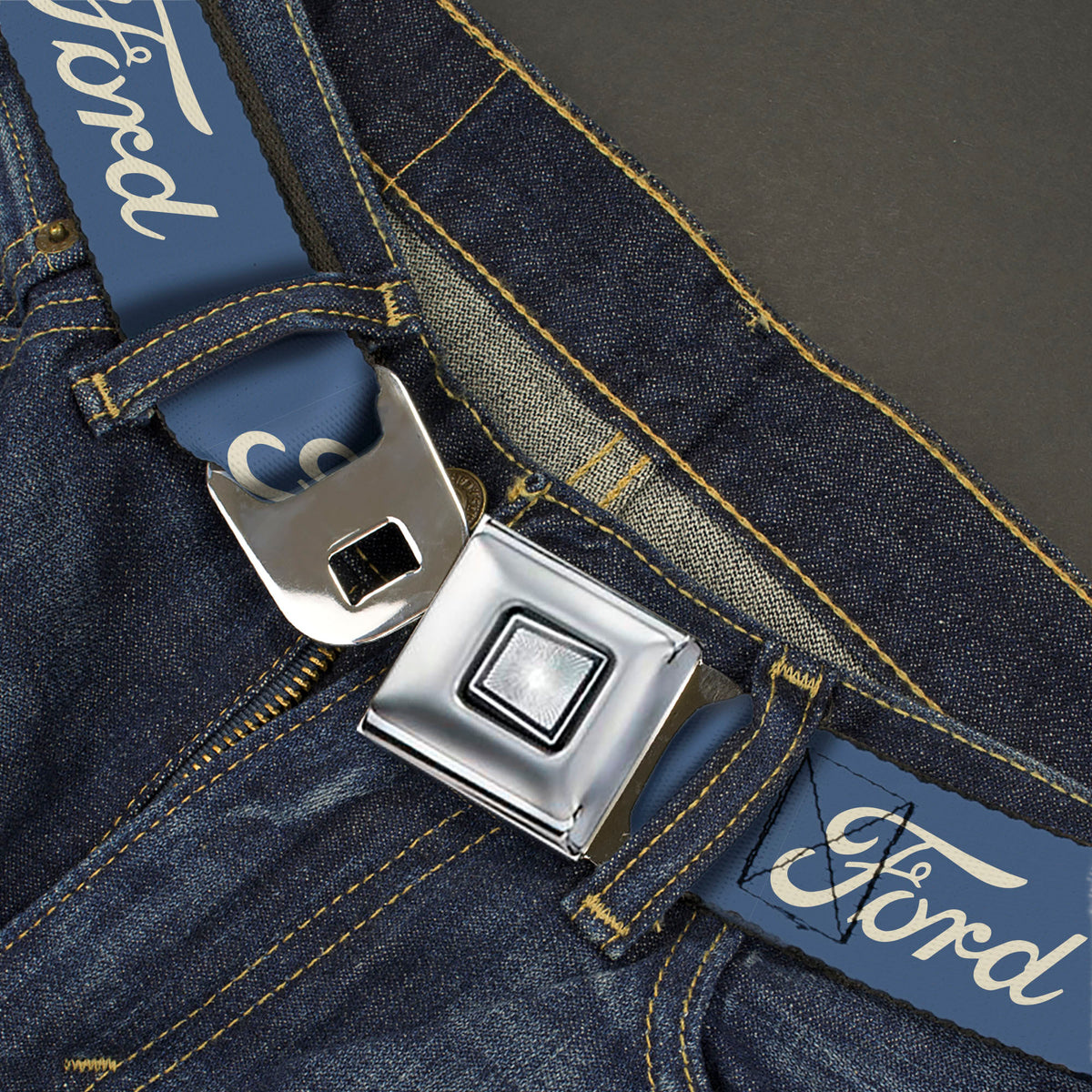 Starburst Seatbelt Belt - FORD Script Blue/White Webbing Seatbelt Belts Ford