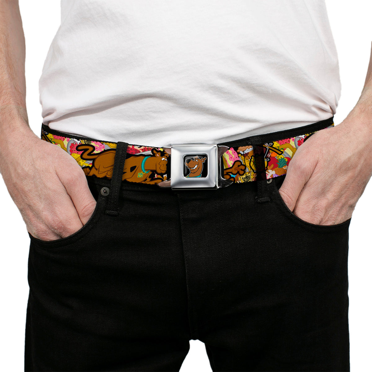 Scooby Doo Face Full Color Black Seatbelt Belt - Scooby Doo Poses/Snacks Stacked Webbing Seatbelt Belts Scooby Doo