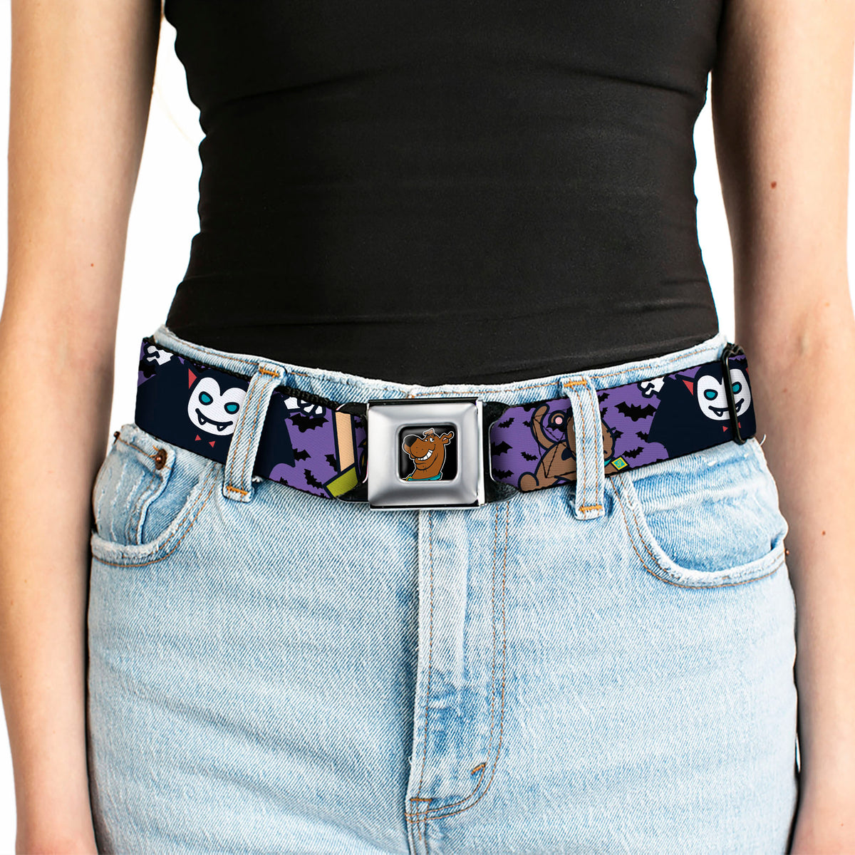 Scooby Doo Face Full Color Black Seatbelt Belt - Mini Scooby Doo Halloween/Bats Purple/Black Webbing Seatbelt Belts Scooby Doo